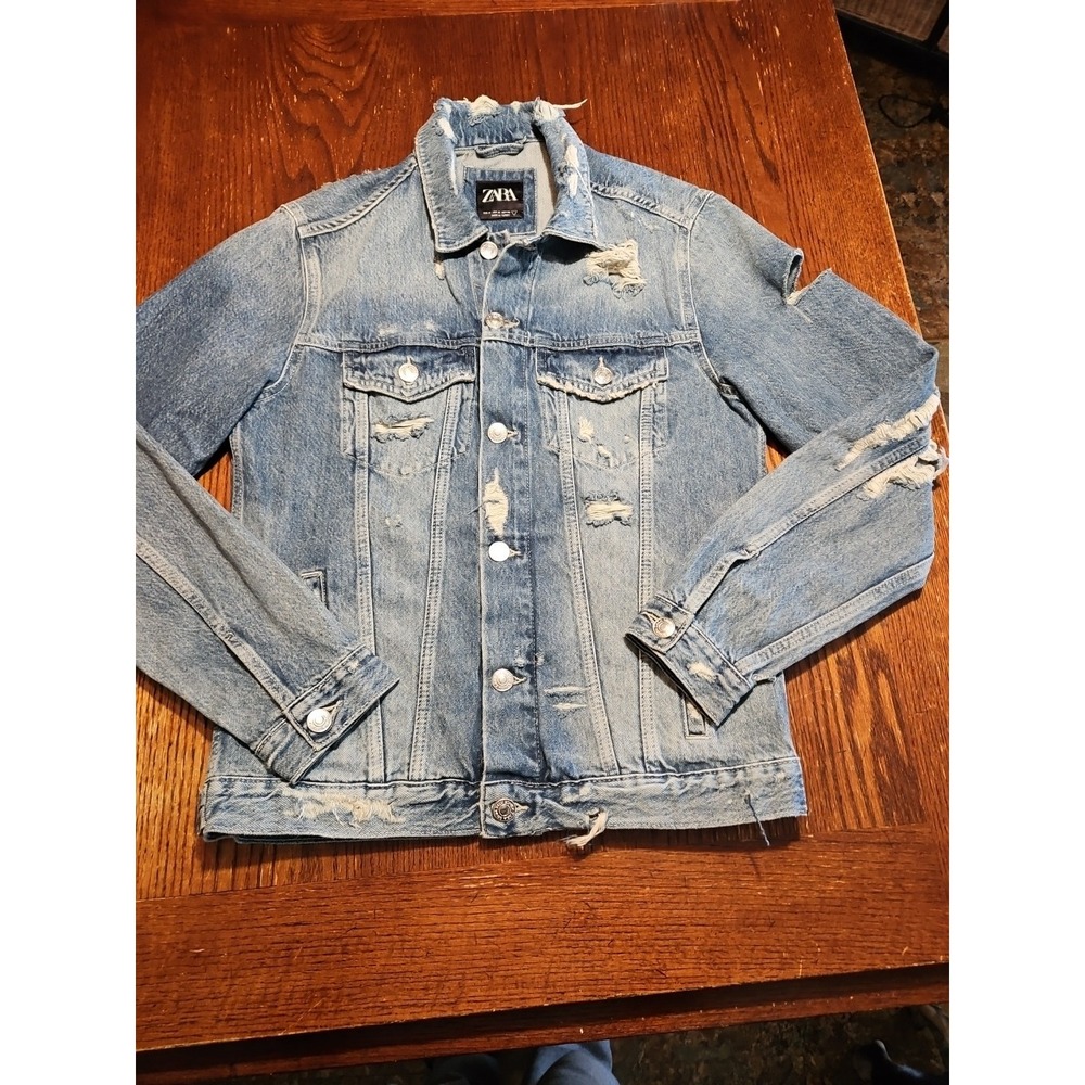 Zara Denim Jean Button Up Distressed Jacket Back Design (A831)